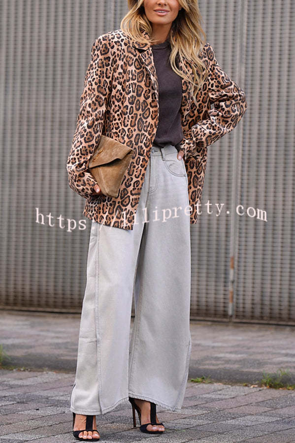 Catwalk Leopard Single Button Long Sleeve Pocketed Lapel Boyfriend Blazer