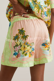 Lilipretty Coconut Scenery Linen Blend Tropical Print Blouse and Elastic Waist Pocketed Shorts Set