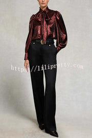 Ariella Metallic Satin Fabric Tie-up Bow Neck Long Sleeve Blouse
