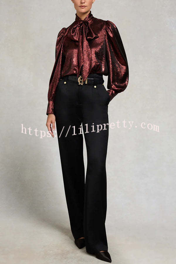 Ariella Metallic Satin Fabric Tie-up Bow Neck Long Sleeve Blouse