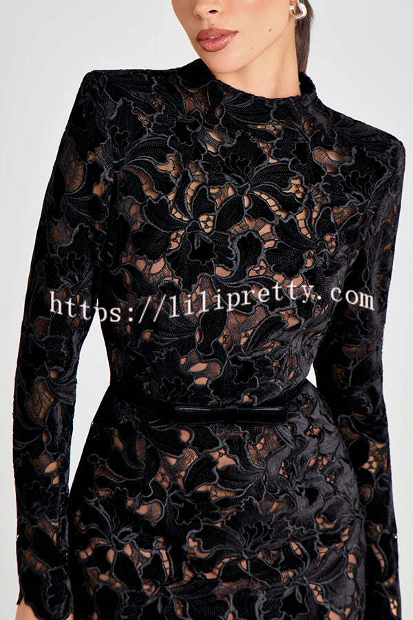 Diane Velvet Embroidered Floral Lace Long Sleeve Belt Scallop Edge Midi Dress