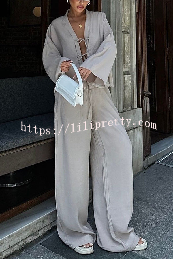 Stylish Loose Tie Shirt and Elastic Waist Wide-leg Pants Set