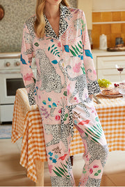 Pink Snow Leopard Printed Home Long Sleeve Two Piece Set