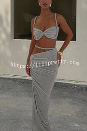 Sexy Halter Back Braided Suspender Top and Beach Holiday Style Hip-wrapped Maxi Skirt Set