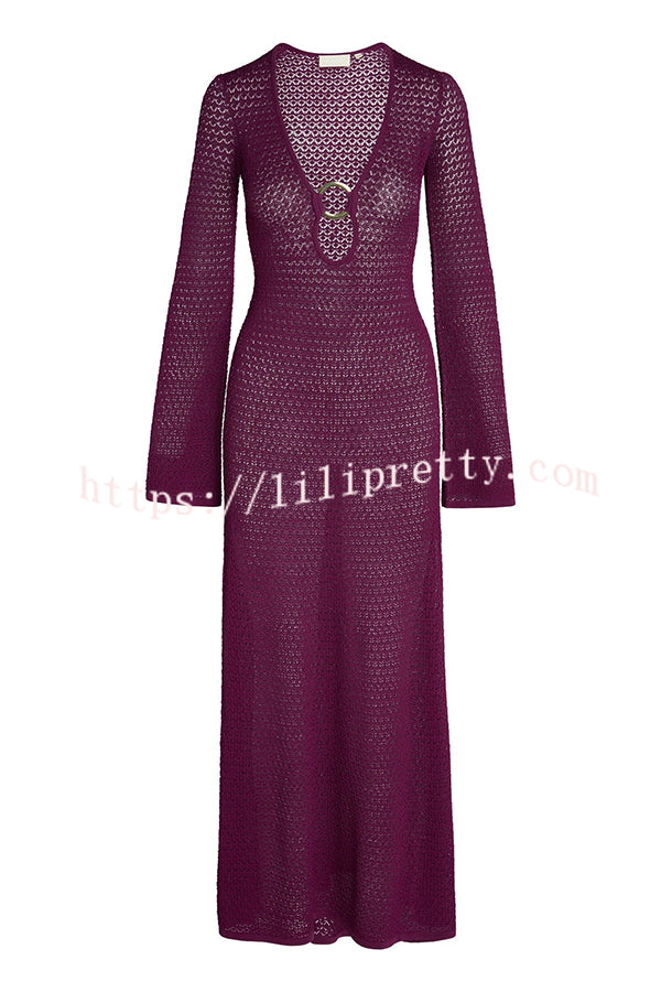 Seaside Goddess Crochet Knit Hollow Out Golden Ring Long Sleeve Cover-up Maxi Dress