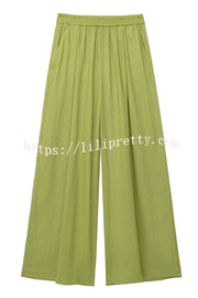 Solid Color Loose Casual Shirt and Elastic Waist Pocket Wide Leg Pants Set