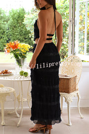 Feel Chic and Romantic Sequin Textured Material Back Elastic Halter Tie Tank