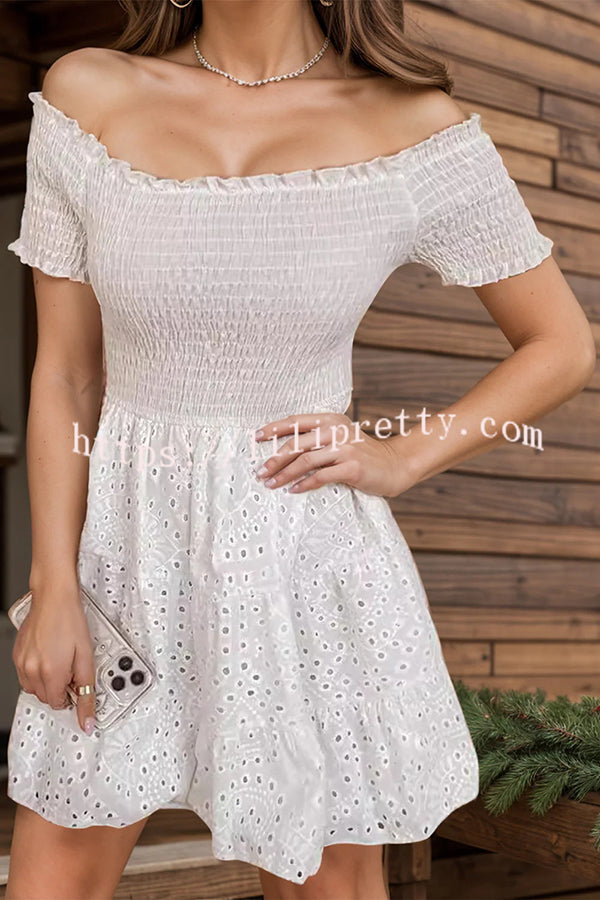 Solid Color Off Shoulder Embroidered Cutout Gathered Mini Dress