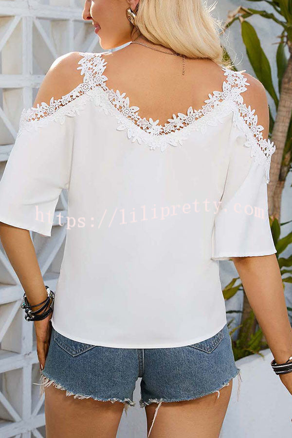 Azra V-neck Lace Floral Trim Cold Shoulder Loose Shirt