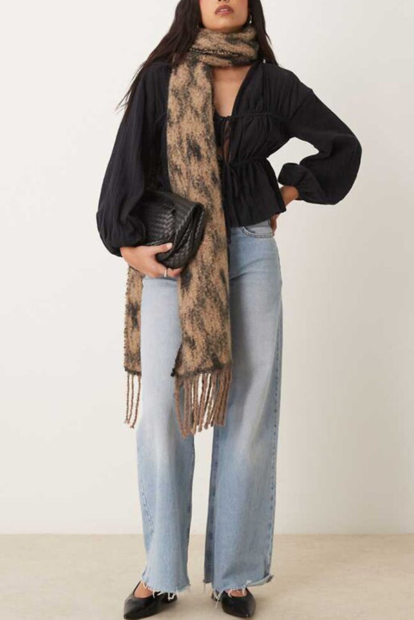 Solid Color V-neck Long-sleeved Tie-up Pleated Loose Top