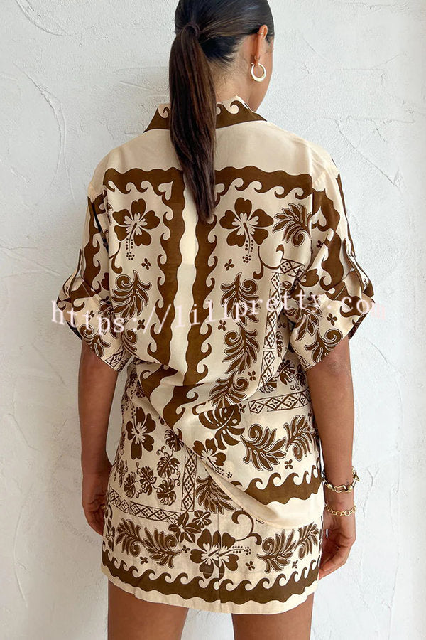 Lilipretty Embrace Hot Nights Linen Blend Ethnic Print Button Shirt and Knotted Waist Mini Skirt Set