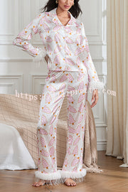 Christmas Print Feather Trim Elastic Waist Pocket Pajama Set