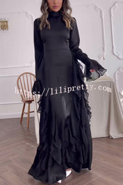 Cline Solid Color High Neck Long Sleeve Elegant Ruffles Maxi Dress