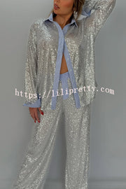 Fashion Sequined Loose Long-sleeved Shirt and Casual Elastic Waist Wide-leg Pants Set