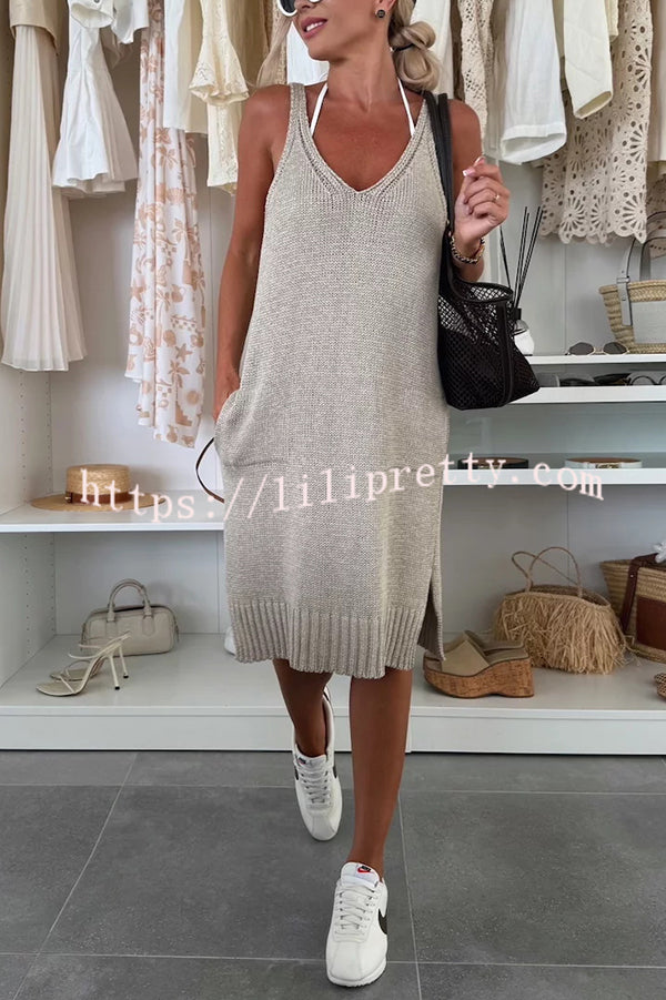 Solid Color V-Neck Sleeveless Casual Pocket Knitted Midi Dress