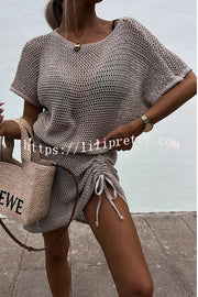 Solid Color Knitted Cutout Lace Up Crew Neck Mini Dress