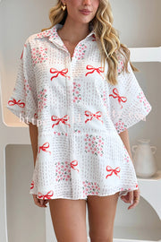 Sweet Bow Print Lapel Half Sleeve Tie Waist Loose Rompers
