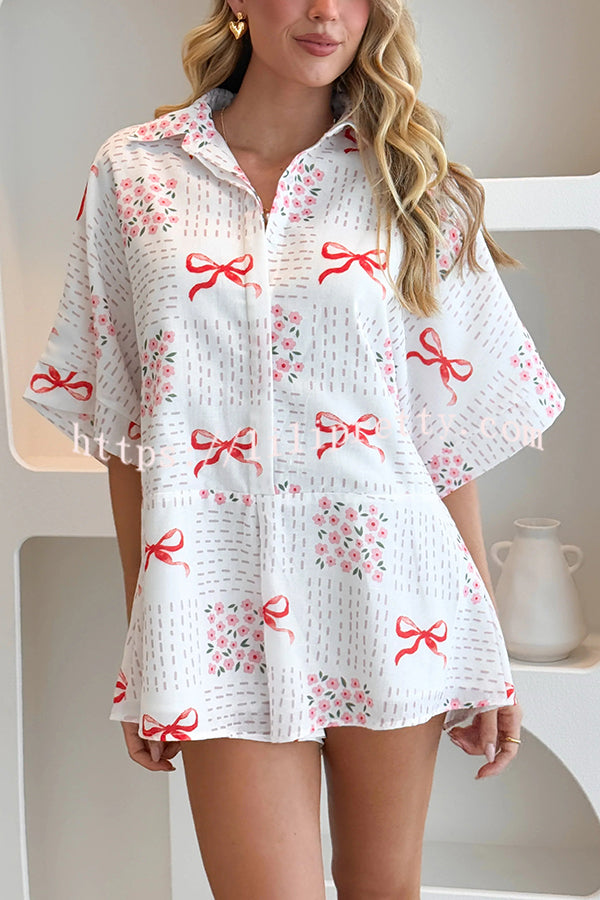 Sweet Bow Print Lapel Half Sleeve Tie Waist Loose Rompers