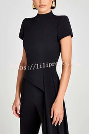 Pippa High Neck Short Sleeve Irregular Drape Hem Top and Elastic Waist Flare Pants Set