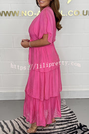 Lilipretty Queen Retro Silk Ruffle Belted Tiered Maxi Dress