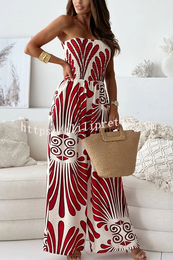 Unique Printed Off-shoulder Pleated Casual Wide-leg Jumpsuit