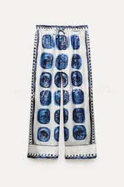Unique Print Lapel Long Sleeve Shirt and Elastic Waist Wide Leg Pants Set