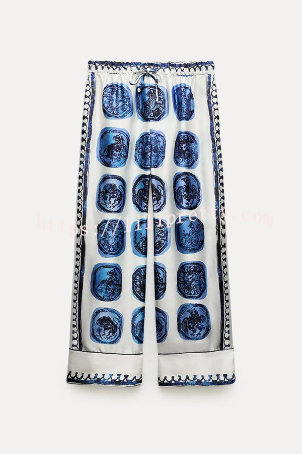 Unique Print Lapel Long Sleeve Shirt and Elastic Waist Wide Leg Pants Set