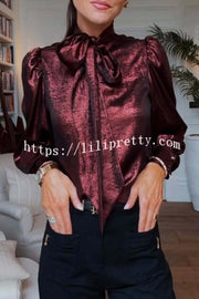 Ariella Metallic Satin Fabric Tie-up Bow Neck Long Sleeve Blouse