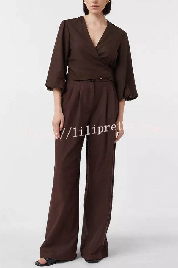 Lets Go Out Linen Blend Balloon Sleeve Wrap Tie-up Loose Top