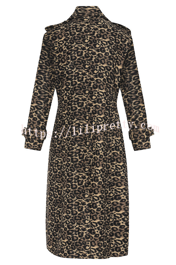 Leopard Affair Animal Print Epaulettes Long Sleeve Pocketed Lapel Midi Trench Coat