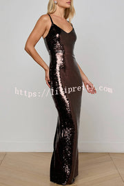 Dazzling Like Flowing Water Sequin V-neck Back Zipper Slit Maxi Dress