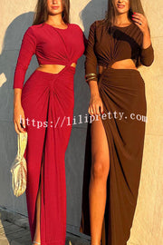 Solid Color Round Neck Long Sleeve Sexy Exposed Waist Slit Maxi Dress