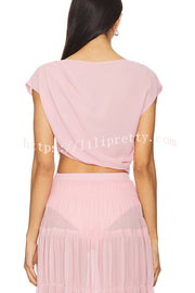 Stunning Chiffon Ruched Shoulder Short Sleeve Crop Top
