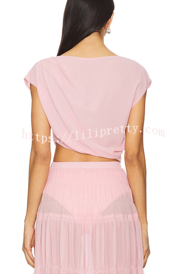 Stunning Chiffon Ruched Shoulder Short Sleeve Crop Top