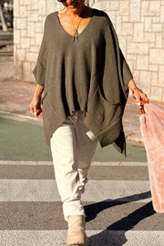 Fashion V-neck Loose Pocket Mid-length Knitted Poncho Sweater
