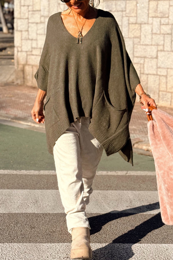 Fashion V-neck Loose Pocket Mid-length Knitted Poncho Sweater