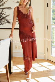 Sexy Lace Stitching Suspender V-neck Asymmetrical Maxi Dress