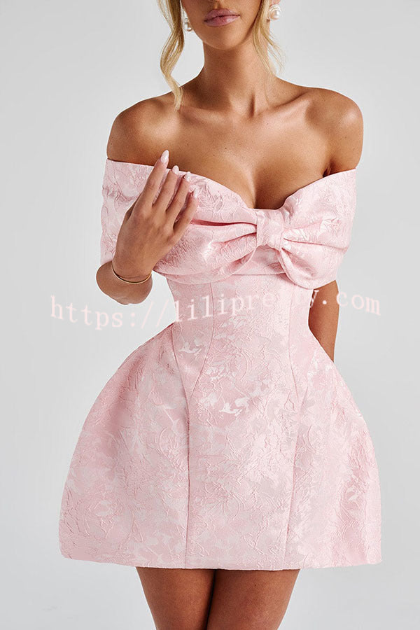 Raquel Floral Jacquard Oversized Off The Shoulder Bow Detail Mini Dress