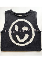 Always Happy Face Knit Unique Pattern Versatile Loose Tank Top