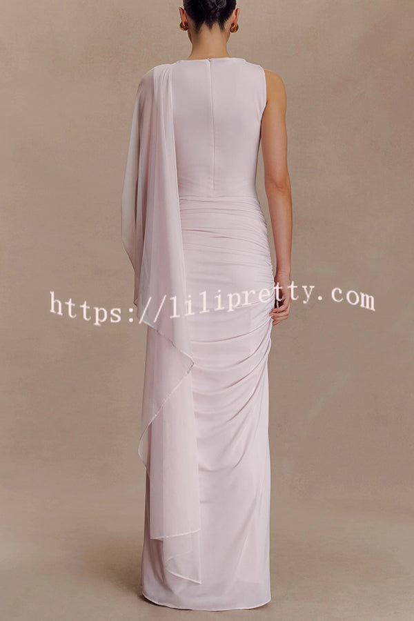 Fashionable Mesh Shawl Sleeveless Slim Fit Pleated Maxi Dress