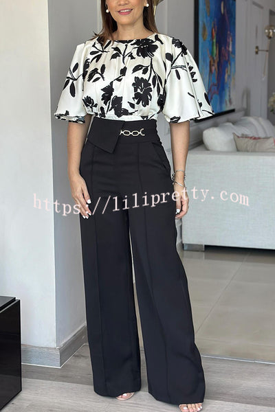 Charlena Floral Bell Sleeve Top and Metal Waist Chain Pocketed Pants Set
