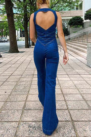 Fashionable Heart Hollow Back Slim High Waist Flared Denim Jumpsuit
