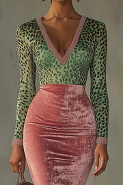 Fashionable Velvet Patchwork Stretch Slim Midi Dress