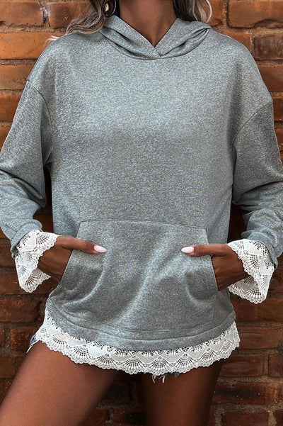 Stylish Lace-trimmed Long-sleeved Pocket Casual Hooded Sweatshirt