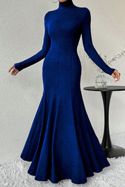 Solid Color High-neck Long-sleeved Slim-fit Fishtail Elegant Maxi Dress