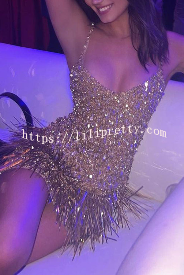 Lilipretty Sparkle City V Neck Strappy Fringed Sequin Mini Dress