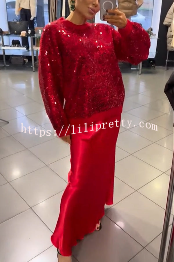 Celebration Day Sequin Patchwork Loose Sweatshirt and Satin Elastic Waist Maxi Skirt Set