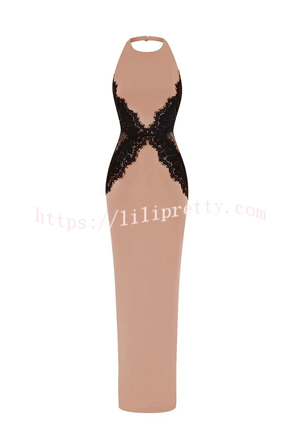 Sexy Halterneck Lace Paneled Backless Slim Maxi Dress
