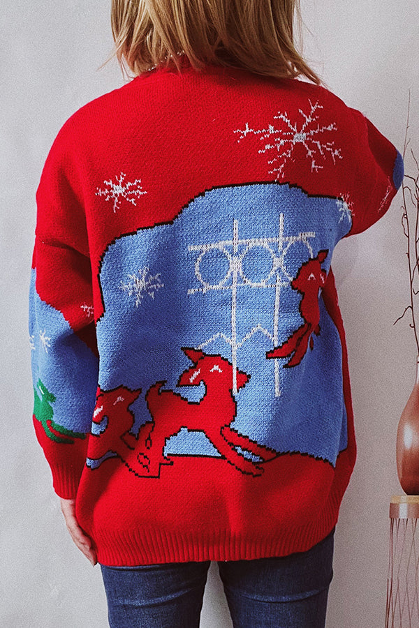 Christmas Pattern Knitted Crew Neck Long Sleeved Sweater