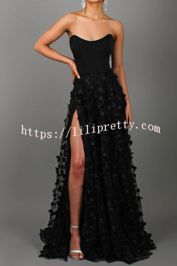 Lilipretty Daydream Off Shoulder Embroidered Tulle Floral Back Lace-up Prom Formal Maxi Dress
